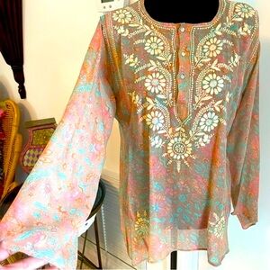 CALYPSO Christiano Celle Long Sleeve Embroidered Sheer Print Silk Top! Medium